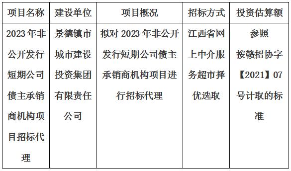 2023年非公开发行短期公司债主承销商机构项目招标代理计划公告