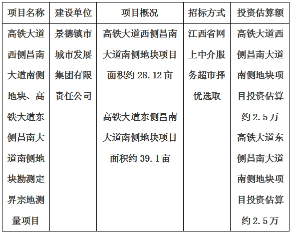 景德镇市高铁大道西侧昌南大道南侧地块、高铁大道东侧昌南大道南侧地块勘测定界宗地测量项目计划公告