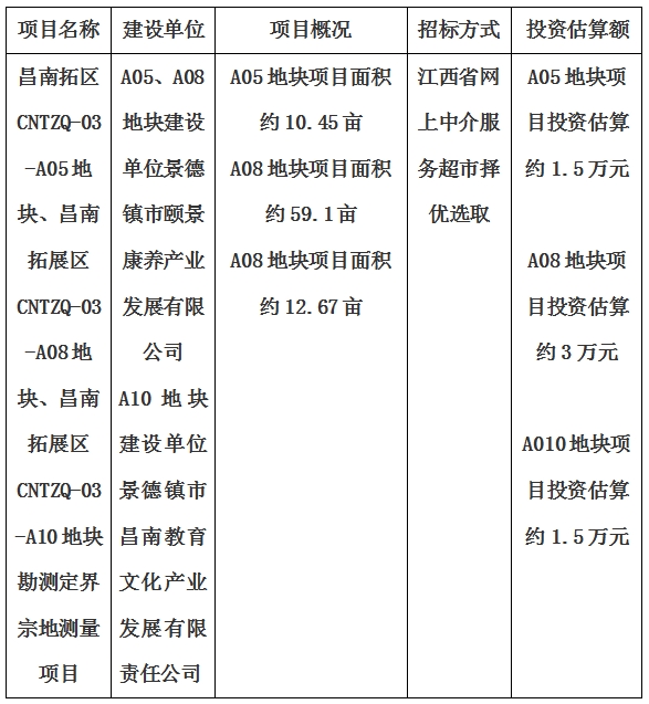 景德镇市昌南拓展区CNTZQ-03-A05地块、昌南拓展区CNTZQ-03-A08地块、昌南拓展区CNTZQ-03-A10地块勘测定界宗地测量项目计划公告