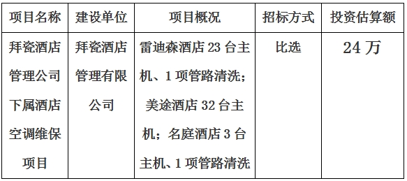 拜瓷酒店管理公司下属酒店空调维保项目计划公告