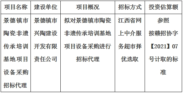 景德镇市陶瓷非遗传承培训基地项目设备采购招标代理计划公告